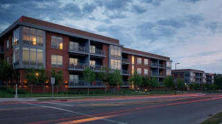 Exterior view of The Flats on Vine looking East in the Arena District in Downtown Columbus Ohio